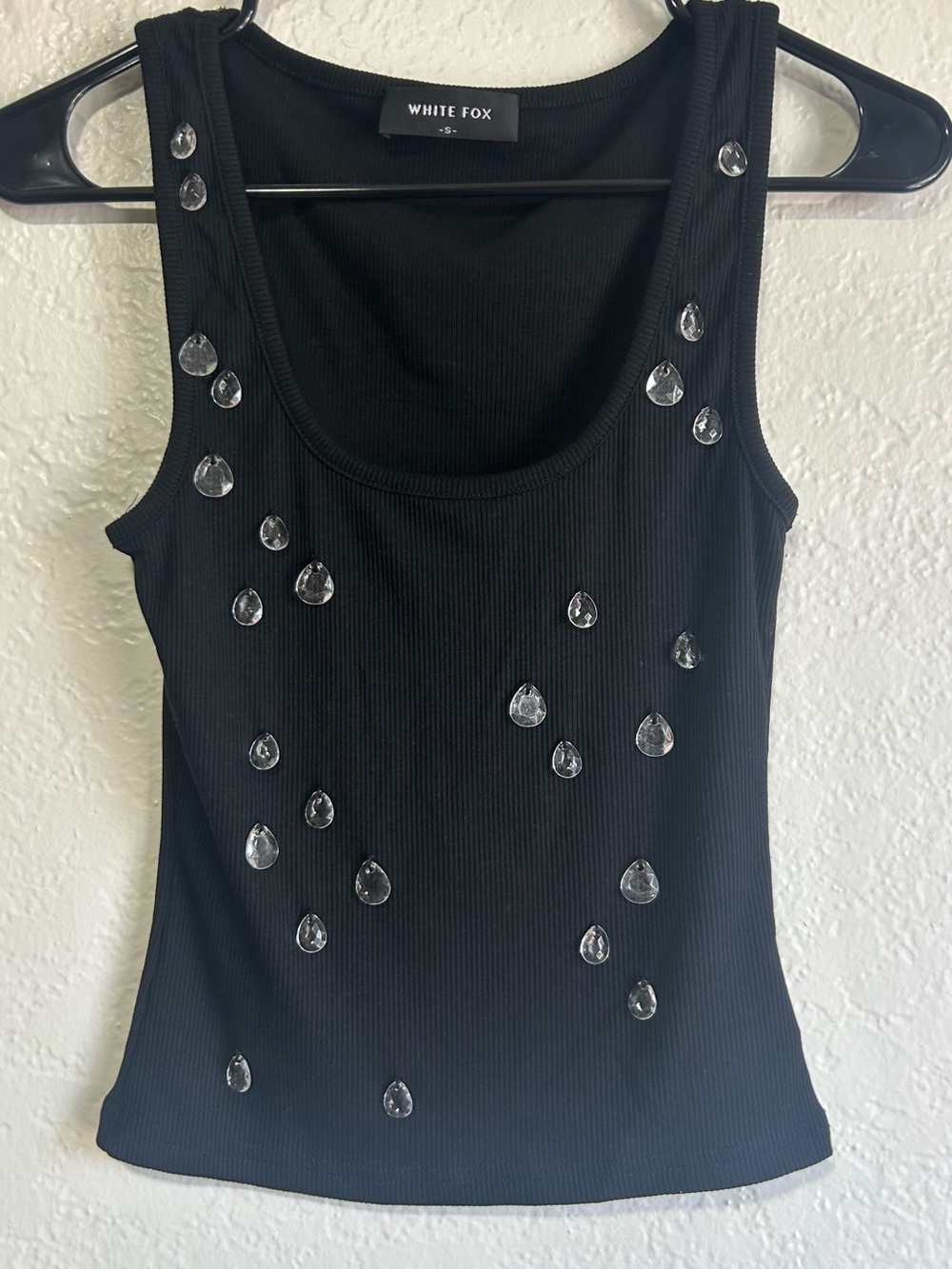 White Fox Boutique Black Ribbed Tank with Teardrop Gems
